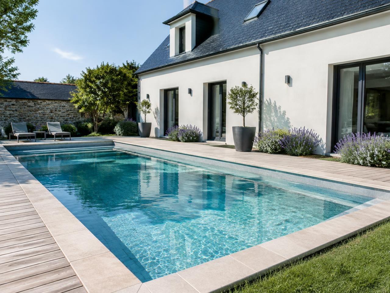 Piscine entretenue au pied d'une maison (illustration)