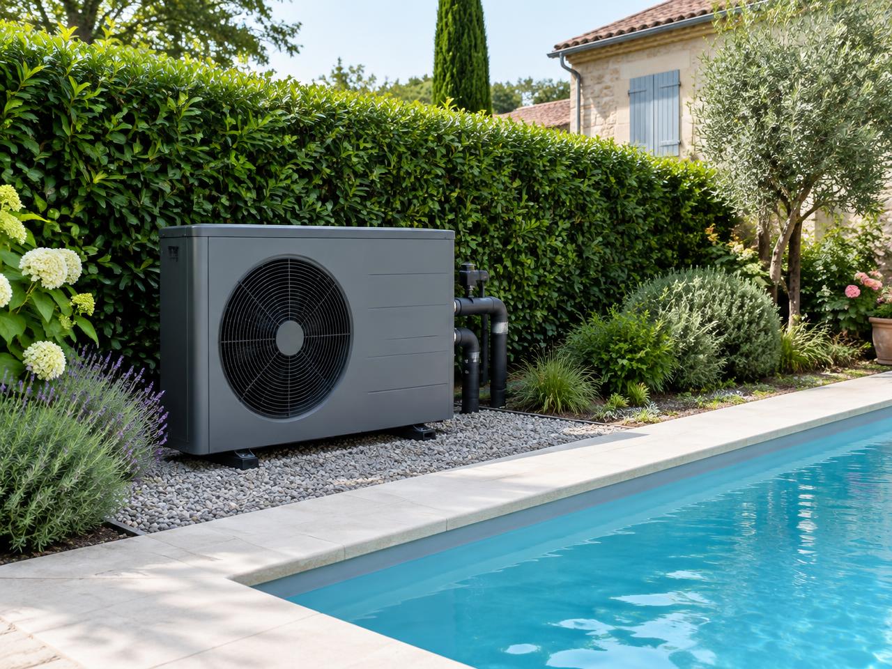 Pompe à chaleur installée au bord d'une piscine (illustration)